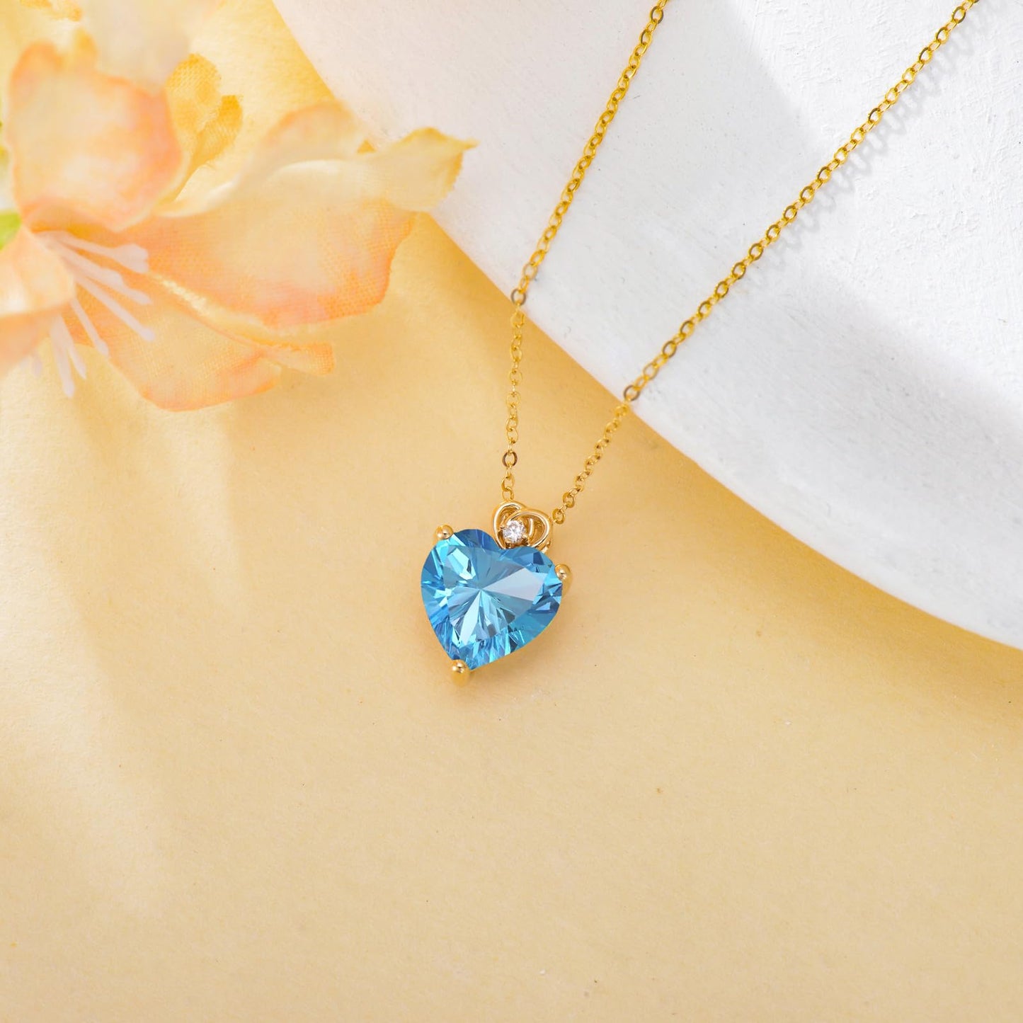 NFYBD 14k Gold Love Heart Blue Topaz Birthstone Pendant Necklace for Women 3 Carat Heart-cut Created Gemstone Anniversary Birthday Mother's Day Necklaces for Her 16+1+1 inch-Dec