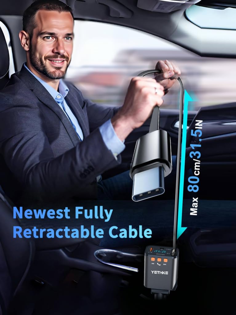 Retractable Car Charger,[Upgrade] Bluetooth 5.4 FM Transmitter Adapter, 4 in 1 Fast Car Chargers 69W, Handsfree Call, USB Cars Phone Charger and 2 Retractable Cable for iPhone 16 15 14, Galaxy-Black