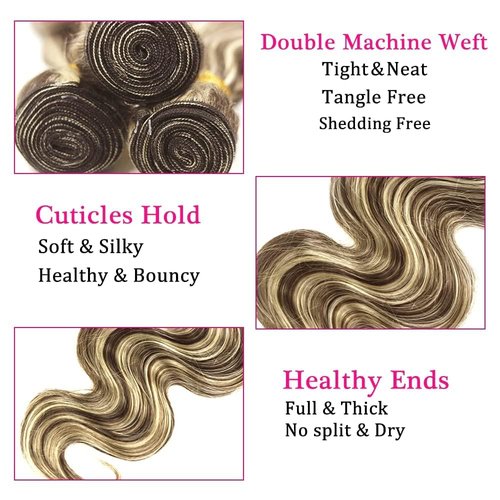 Giginger P4/613 Chocolate Brown Blonde Body Wave Human Hair Bundles 18 20 22 Inch Highlight Body Wave Bundles Weave Bundles Human Hair 4/613 Human Hair Bundles