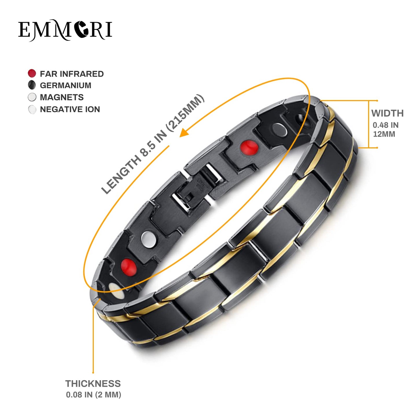 EMMORI Ultra Strength Magnetic Bracelet - 3,500 Gauss Per Magnet -Magnetic Bracelets for Men Woman - Adjustable Length -Pulseras Magneticas (Black Gold)