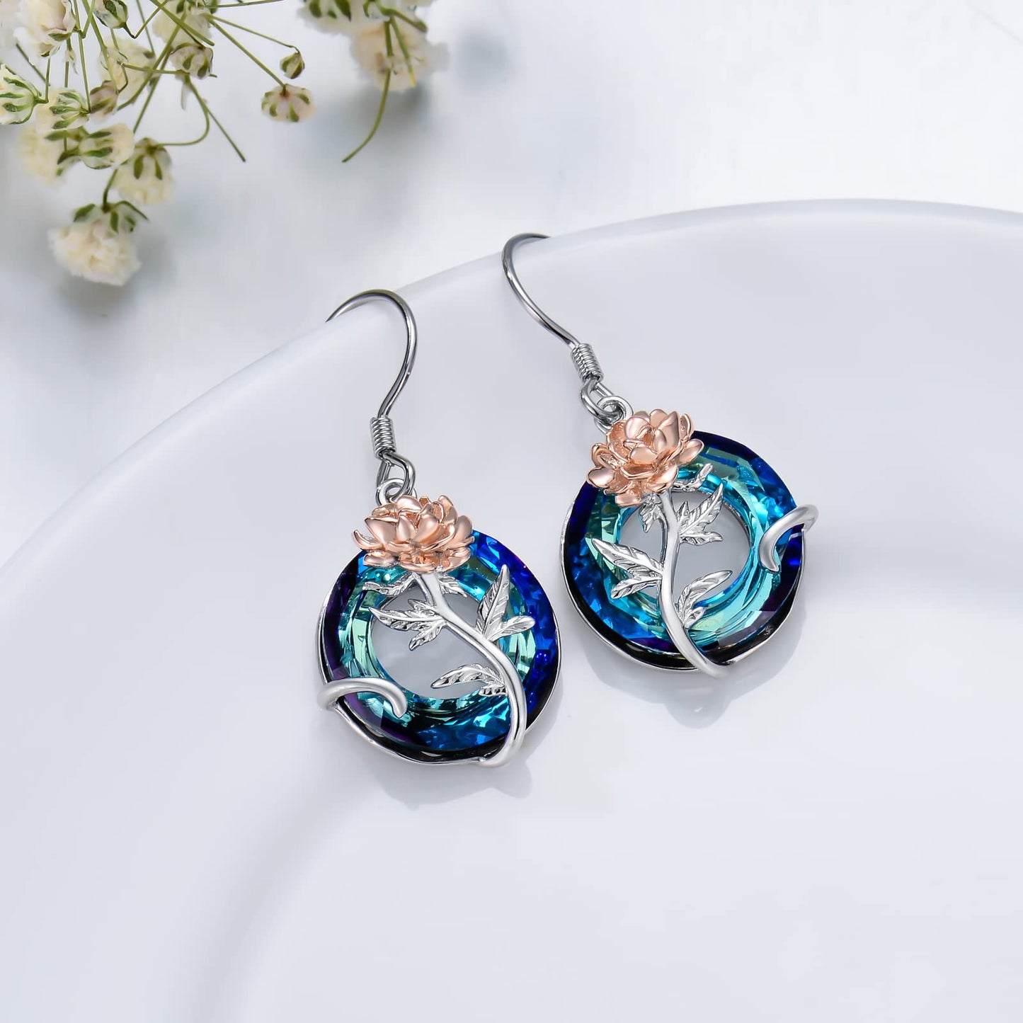 TOUPOP September Birth Flower Earrings Peony Drop Dangle Earrings Blue Crystal Jewelry Birthday Mothers Day Gifts for Women Mom Her