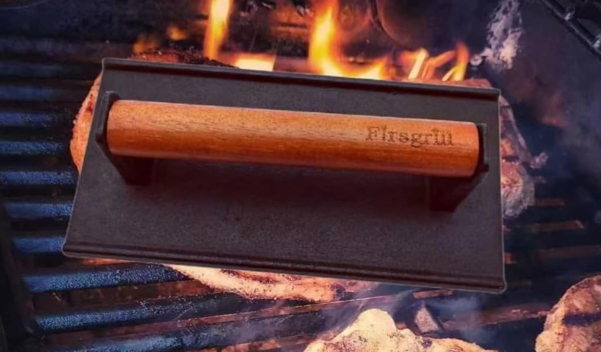 Firsgrill Burger Press 7.08" Round & 8.3âX4.3âRectangle Heavy-Duty Cast Iron Smash Meat Steak with Wood Handle for Blackstone Camp Chef Pitboss Weber Treager Griddle (Round & Rectangle w Flat Bottom)