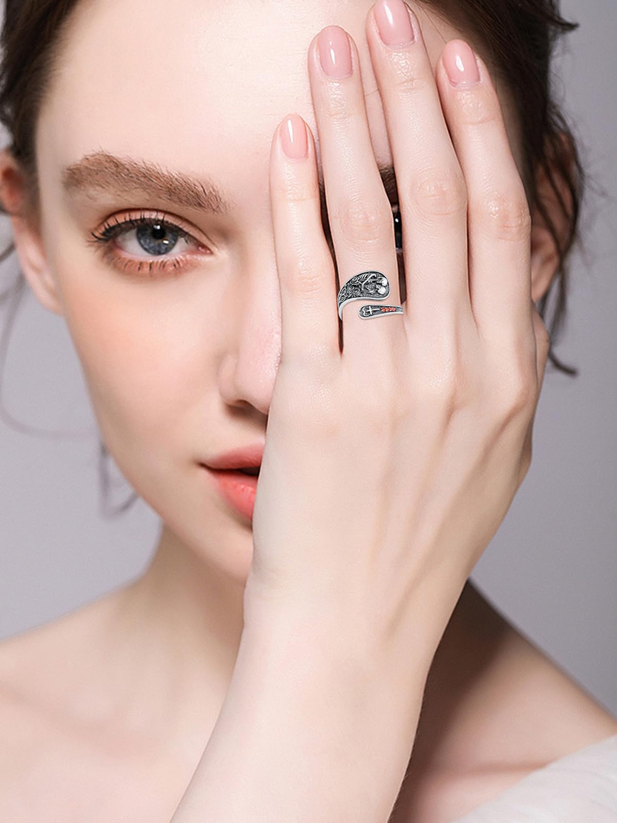 Midari Skull Couple Spoon Rings for Women 925 Sterling Silver Vintage Adjustable Punk Skull Rings Open Antique Skeleton Spoon Rings Jewelry for Women Hallowee Birthday Christmas Gifts B