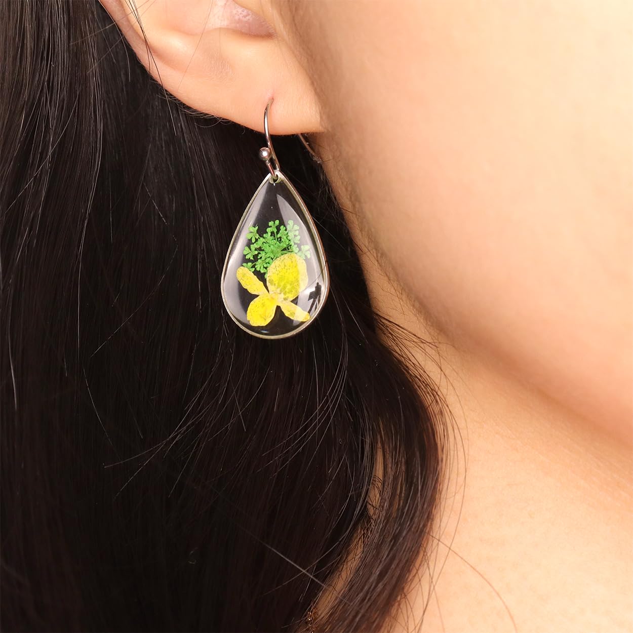 JeanBeau Handmade Pressed Flower Earrings for Women, Unique Resin Nature Dried Flowers Sterling Silver Teardrop Dangle Drop Statement Yellow Lime Green Floral Earings Fashion Summer Jewelry Gift