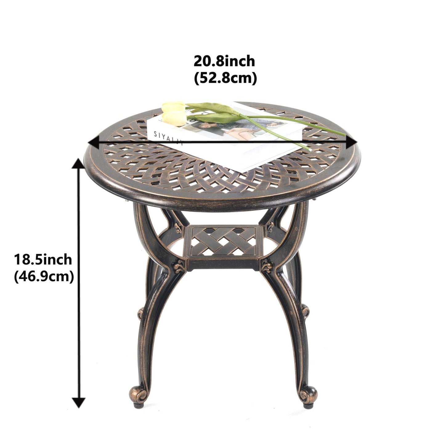 Mandolin Outdoor Patio,Rust -Resistant Cast Aluminum Side Table,Weather Resistant End Table，Coffee Table， Perfect for Patio, Backyard Or Garden. (Aluminum Round, Copper)