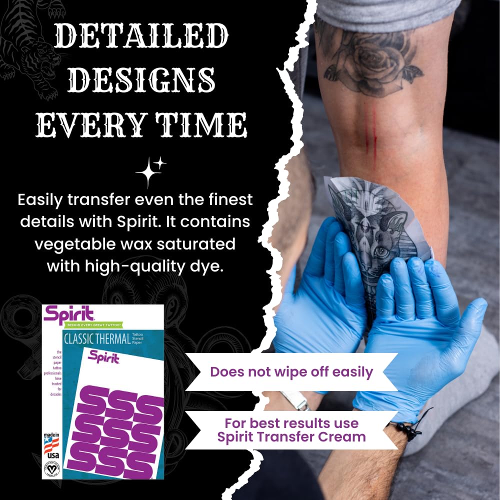 Spirit® Brand Tattoo Transfer Paper Freehand Thermal for Stencils, 8.5" x 14" - 100 Sheets, Certified Vegan, Proudly made in the USA