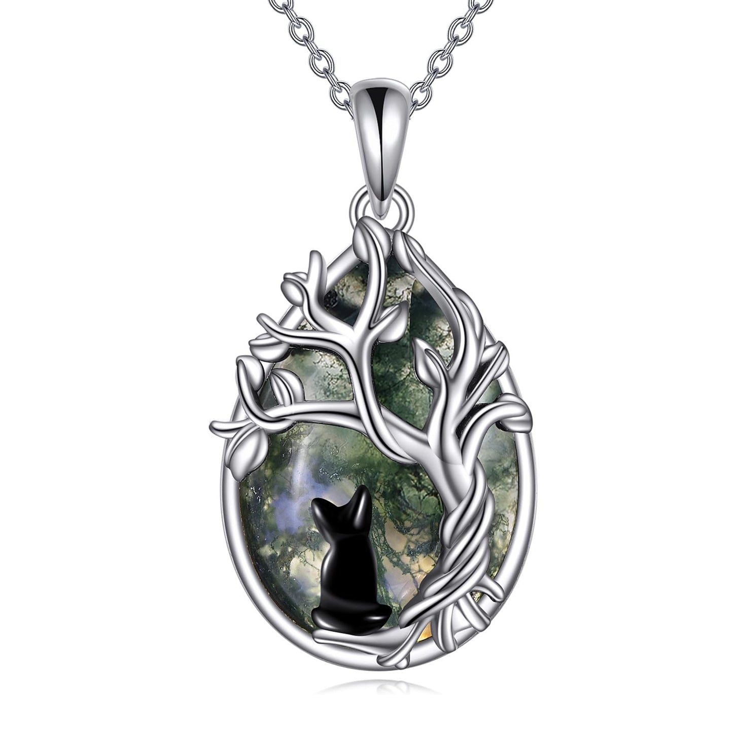 POPLYKE Moss Agate Tree of Life Black Cat Necklace for Women 925 Sterling Silver Family Tree Pendant Jewelry Birthday Gifts