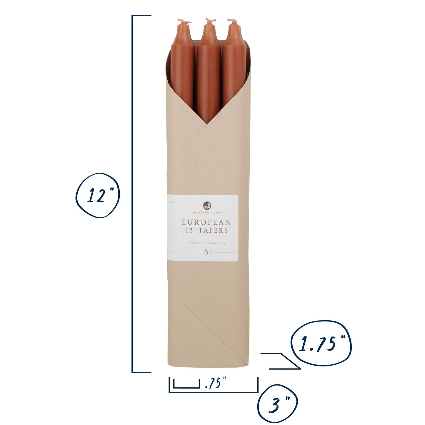 Northern Lights Candles - 12" 6pk Tapers - Terra Cotta - 73259"