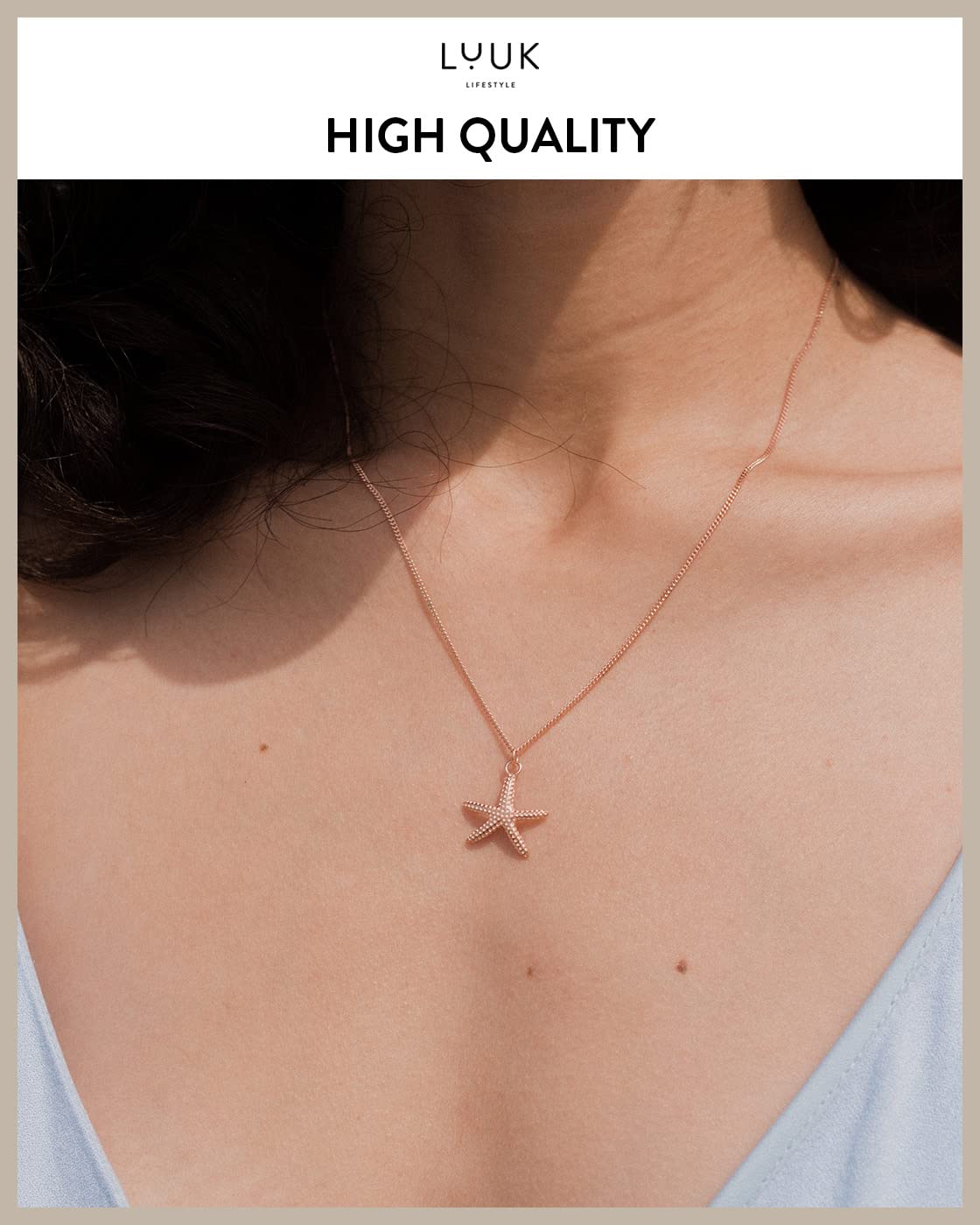 LUUK LIFESTYLE Necklace with starfish pendant and HAPPINESS card, 925 sterling silver, jewelry gift idea for women, 19”, modern fashion accessory for summer, adjustable chain, rose gold