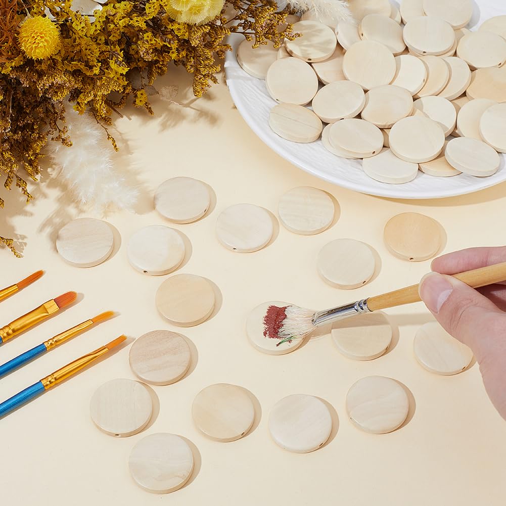 PONABEADIY 30MM 60PCS Unfinished Wooden Beads with Hole Natural Flat Wood Coin Flat Round Circle Macrame Slices Loose Spacer Bead Bulk for Jewelry Making Tassel Garland Home Decor DIY Crafts Supply