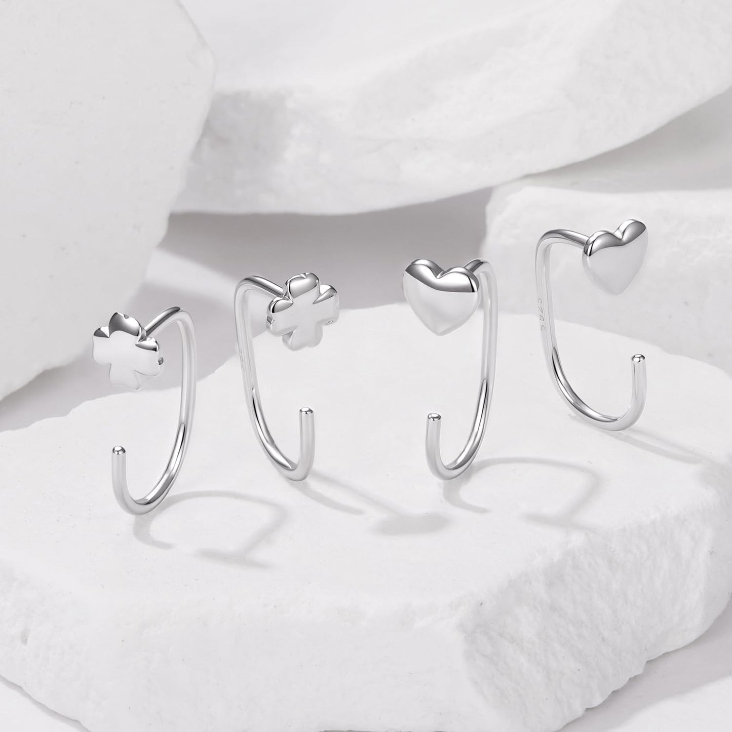 BISAER 925 Sterling Silver Heart Star Small Hoop Earrings, Hypoallergenic Backless Earrings Cartilage Earrings for Women, Dainty Sleeper Earrings with No Back Half Hoop Earrings Jewelry Gift for Her (Heart)