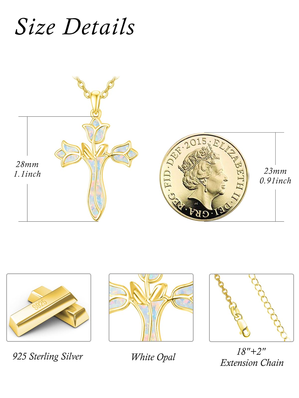 Dreamboat Gold Plated Cross Necklace for Women Gold Plated Cross Pendant Sterling Silver Christian Necklace Tulip Rose White Opal Faith Confirmation Gifts Religious Jewelry for Mom