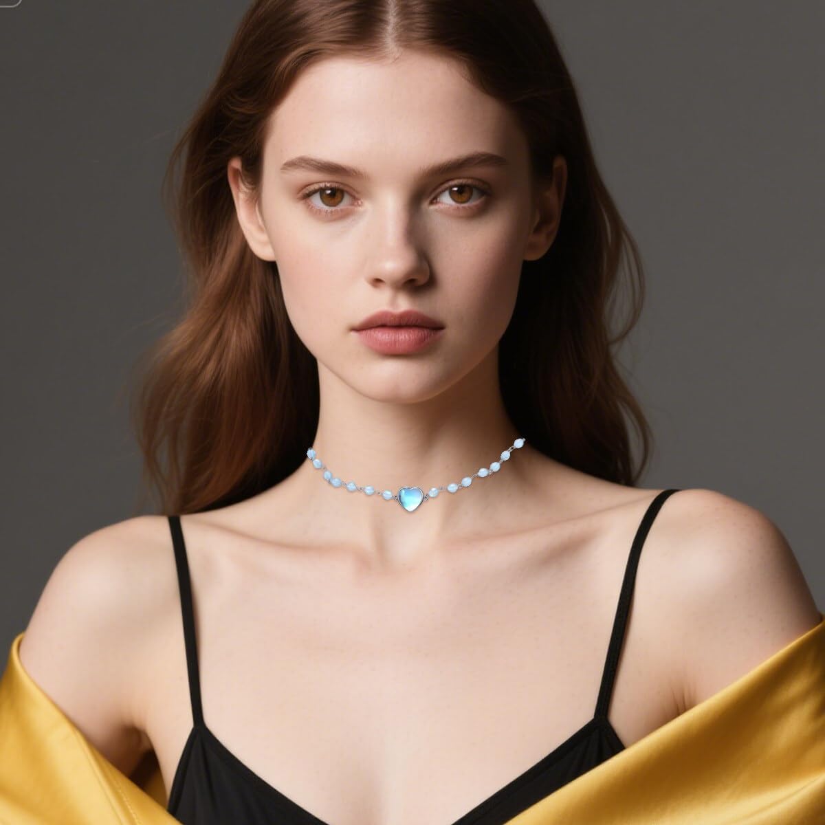 OUTANG Moonstone Beaded Necklace for Women 925 Sterling Silver Heart Choker Necklace Ladies Jewelry Gifts