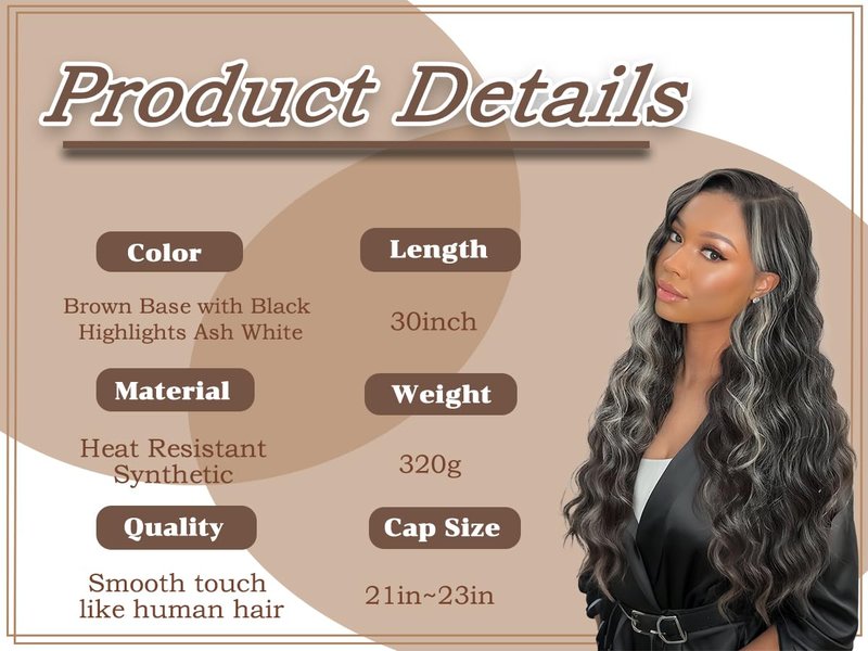 ZadaBelly Highlight 30 inch Body Wave 13x4 Lace Front Wig Brown Base with Black Wavy Hair Pre Plucked Hairline with Baby Hair, Transparent glueless Lace Synthetic Wig for Women Heat Resistant