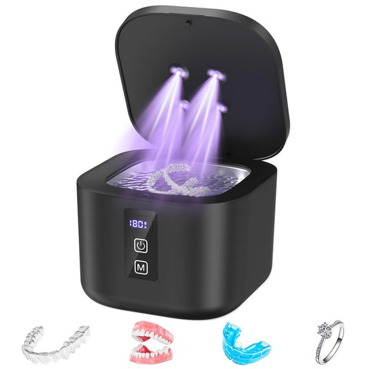 Ultrasonic Retainer Cleaner Machine, 48KHz Dental Cleaning Pod for Denture, Mouth Guard, Aligner, Night Guard, Braces, Toothbrush Heads, Jewelry with Digital Timer & 6 Modes, 13oz Capacity, Black