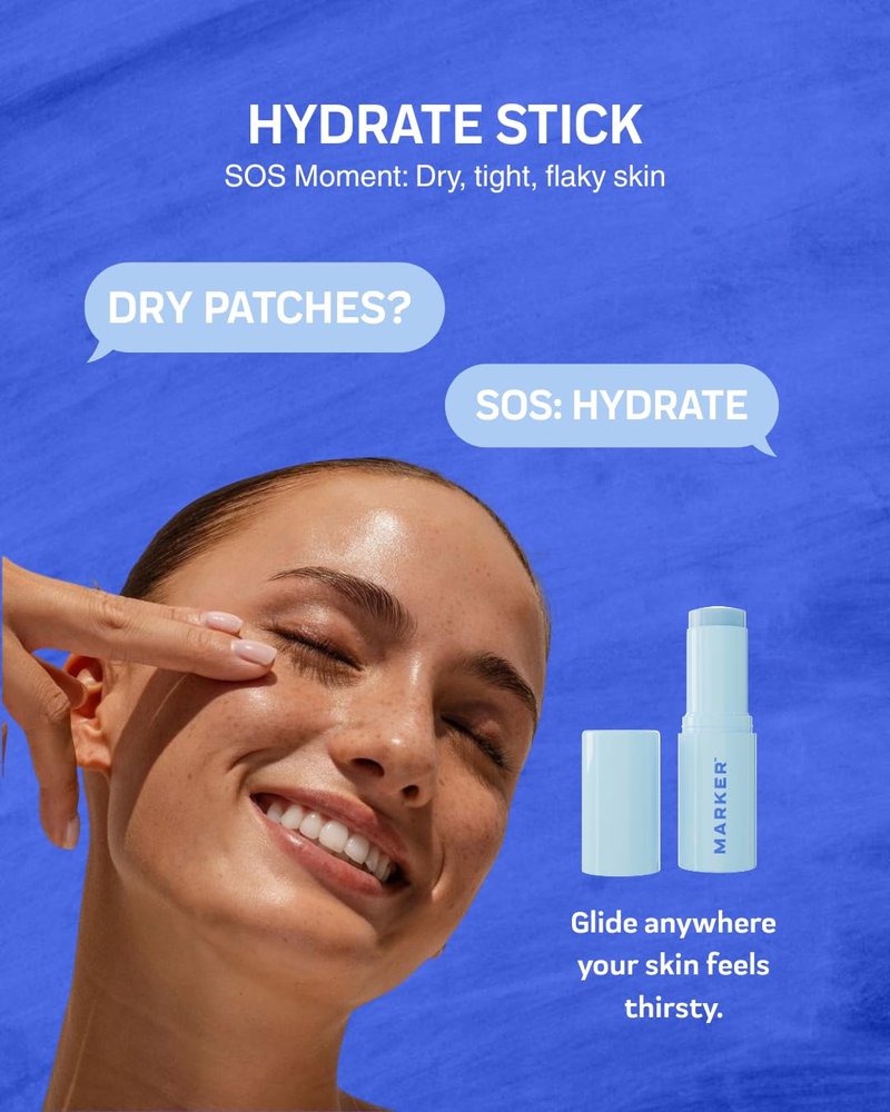 MARKER Hydrate Stick, Hyaluronic Acid Serum Stick for Dry Skin, Plumpness & Smooth Texture, with Squalane, 0.3 oz (10 g), Travel-Ready