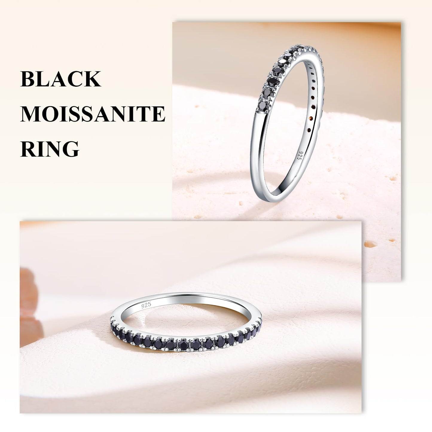 AGRULE Black Wedding Band 1.4mm Wide Sterling Silver Bezel Set Lab Diamond Anniversary Ring 0.25 Carat Dainty Half Eternity Rings for Men Women, Size 10