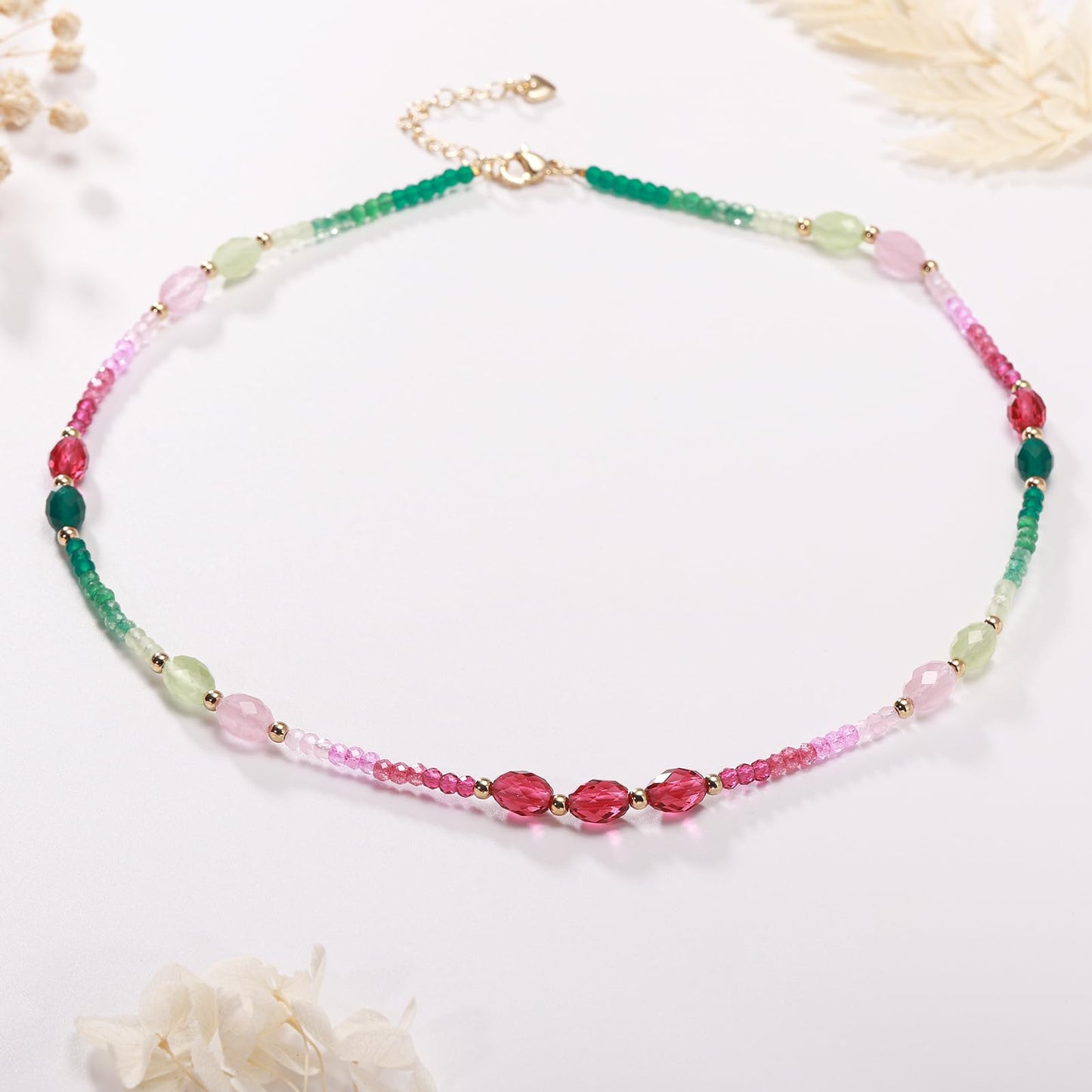 Gmissbabicoo Healing Crystal Necklace for Women Spiritual Zircon Beads Handmade Gemstone with 18k Golden Plated Green Pink Crystals Stones Beaded Adjustable Necklaces with Jewelry Box