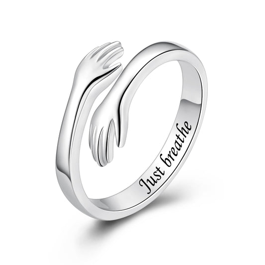 ACJFA Hug Rings for Women Sterling Silver Adjustable Ring for Women Daughter Hand Ring Jewelry for Birthday Gifts Holiday Gift for Teens(Just breathe)