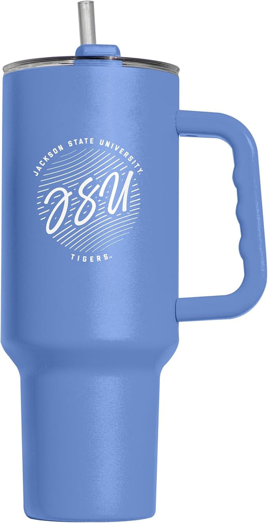 Logo Brands NCAA Jackson State Tigers Retro Script Arctic 40 oz Tumbler with Handle - Stylish Everyday Use Powder Coated-Stainless Steel with Straw- Keeps Cold For Hours
