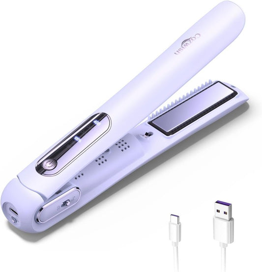 Cordless Hair Straightener - 2 in 1 Portable Flat Iron & Curler | Fast Heat, Type-C Rechargeable, Purple