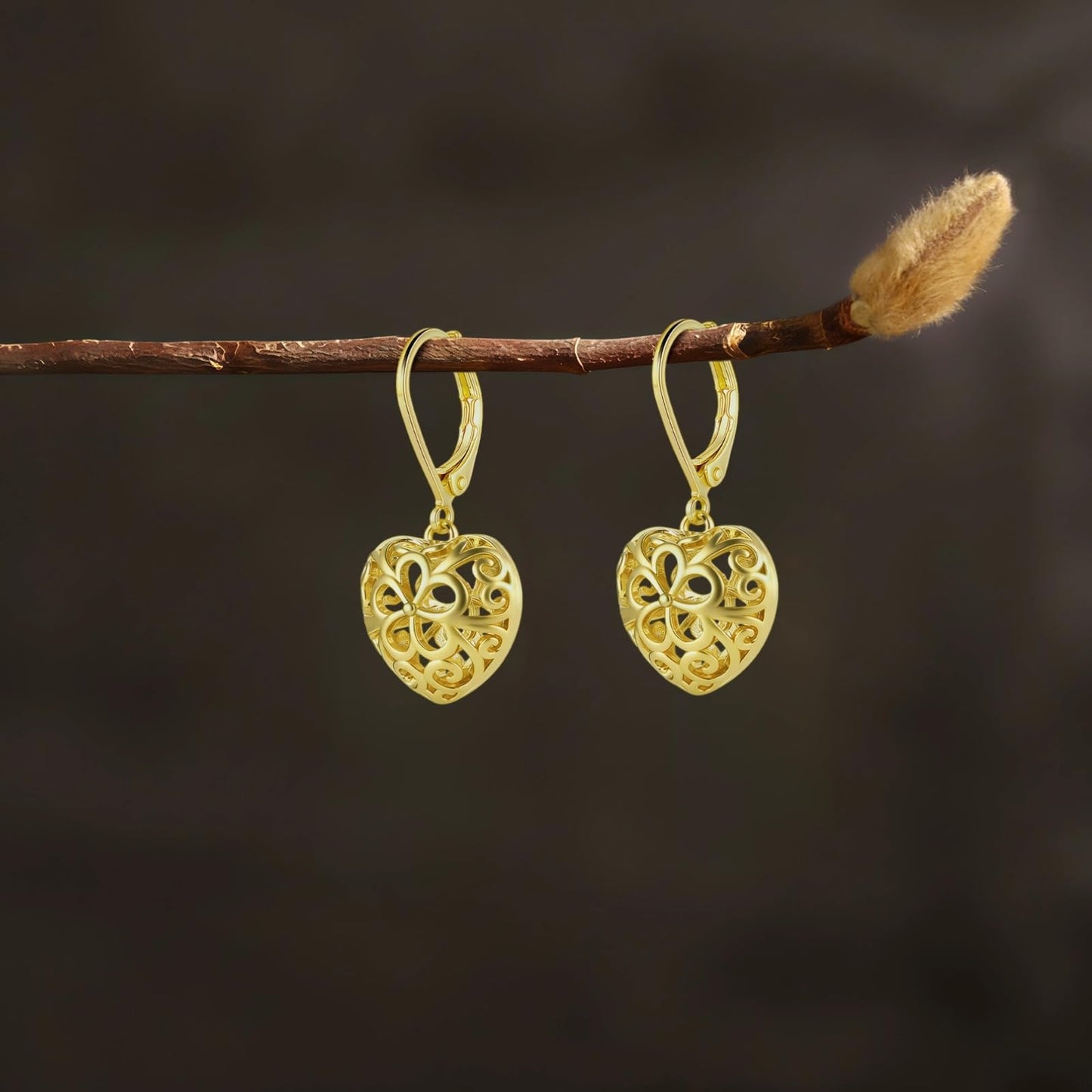 14K Gold Dangle Heart Earrings for Women Hypoallergenic Filigree Leverback Drop Earrings Jewelry Gifts