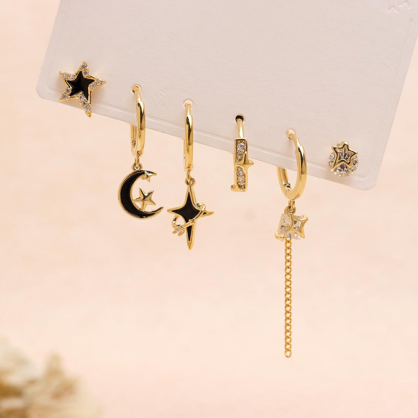 Frigotine 3PCS Gold Star Hoop Stud Earrings Stack Set for Women, Dainty Rhinestone Star Black Enamel Moon Planet Tassels Multiple Piercing Cartilage Prom Fashion Jewelry Gift