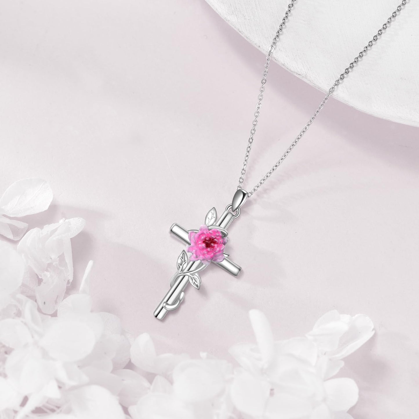925 Sterling Silver Cross Chrysanthemums Pendant Necklace November Birth Flower Jewelry for Women Gifts