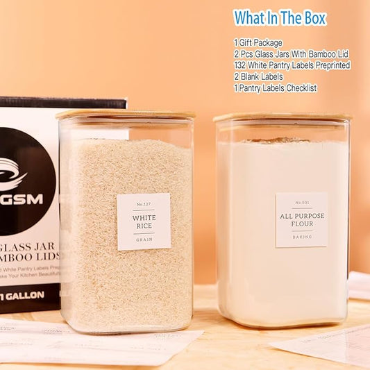 CZZGSM 2 Pack Square Glass Flour and Sugar Containers with 132 Kitchen Pantry Labels - Thicken 149 FL OZ Large Glass Storage Jars with Airtight Bamboo Lid - Big Food Canisters for Rice, Pasta, Cookie