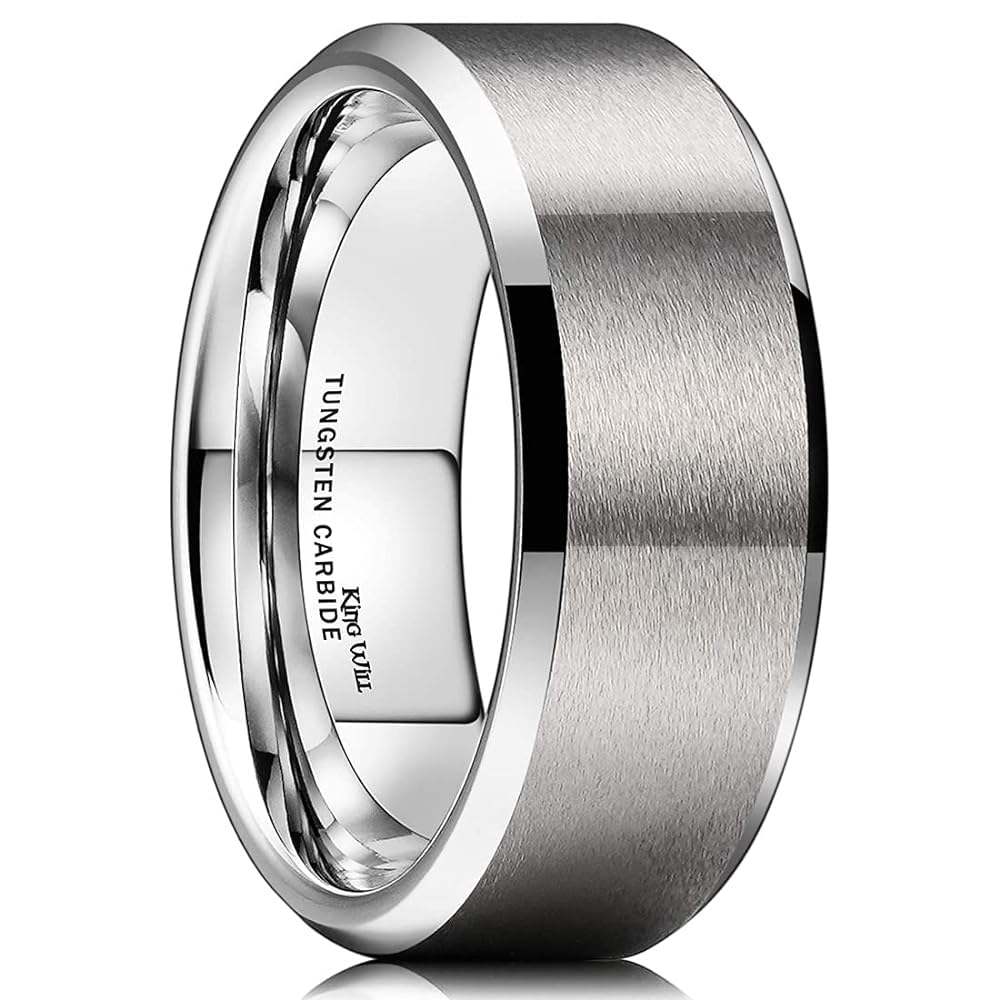 King Will 8mm Men's Silver Wedding Ring - Brushed Matte Surface, Beveled Polished Edge, Comfort Fit Size 11