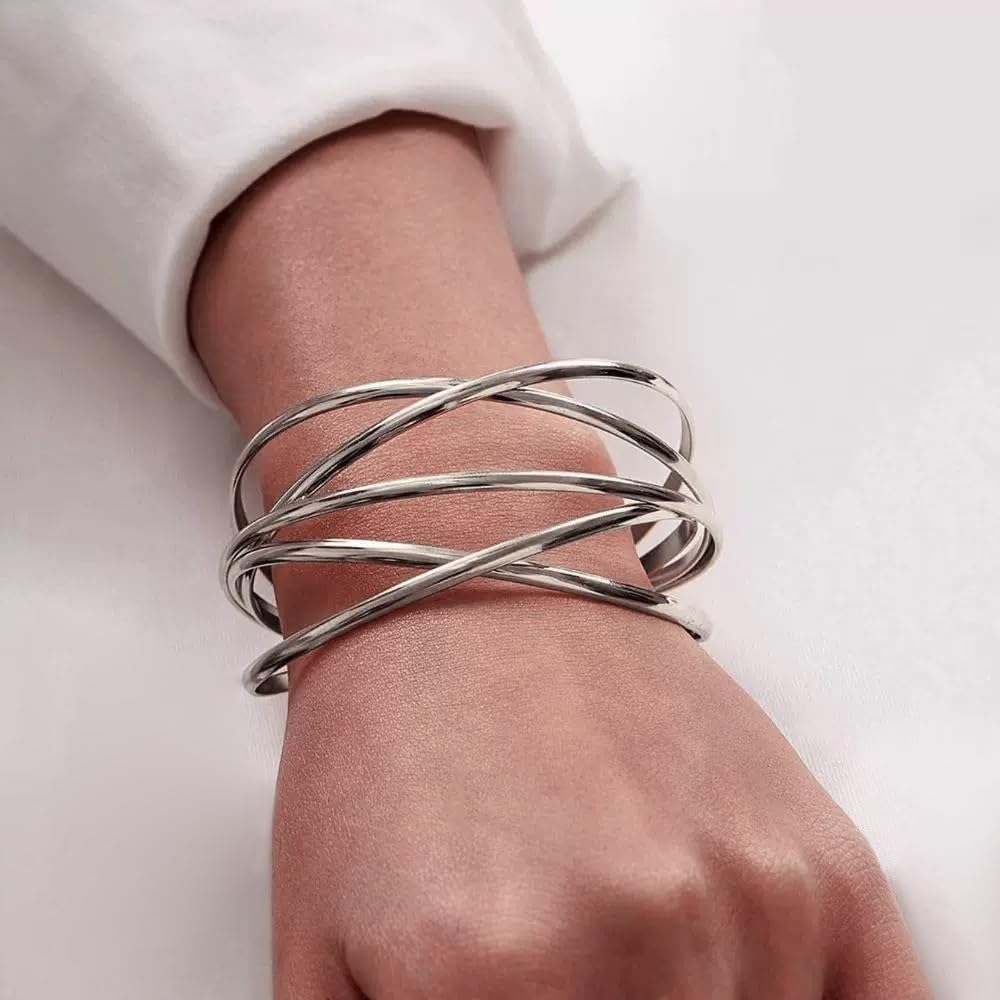 SELFWIMG Silver Bangle Bracelets for Women Chunky Cuff Bracelets Fashion Multi-layer Cross Wire Cuff Bangle Bracelet Open Wrist Fashion Jewelry Gifts