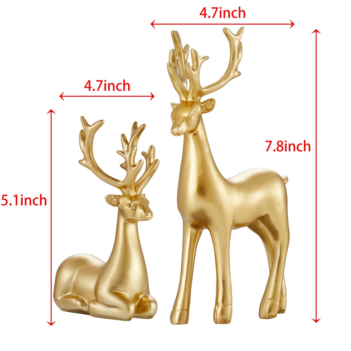 2PCS Carved elk Statue Resin Ornaments, Christmas Reindeer Fortune Seeking Decoration Modern Retro Art Standing and Sitting Posture, Applicable to Living Room and Bedroom (Pure Gold)