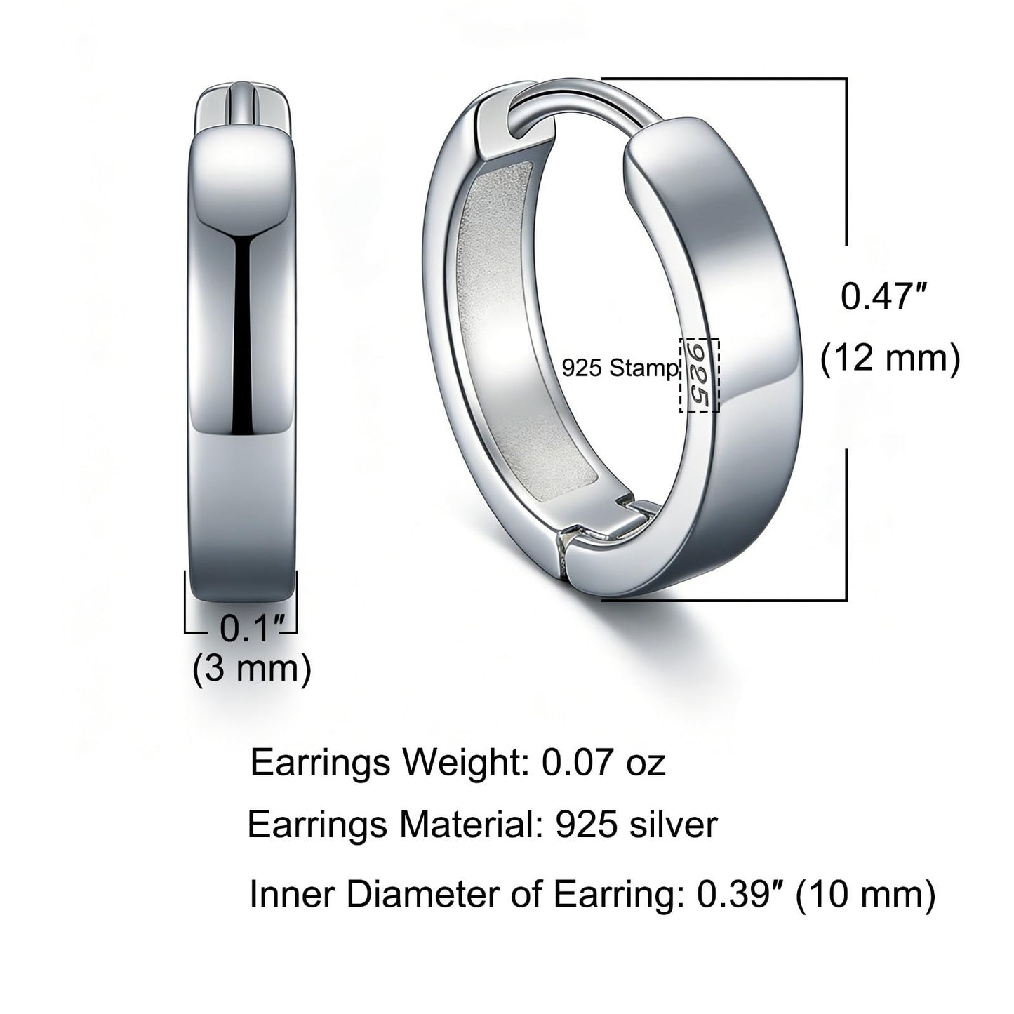 Italian Sterling Silver Earrings for Men Hoop Huggie Earring Polished, Jewelry for Alentine's Day, Father's Day, Thanksgiving Gifts, Birthday Presents (Small shiny hoop)