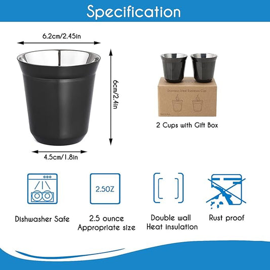Easyworkz Stainless Steel Espresso Cup 2pcs Set Double Wall 2.5 oz, Bundled Espresso Steaming Pitcher Stainless Steel 12 oz Coffee Frothing Picther Milk Jug Cappuccino Latte Art Cup