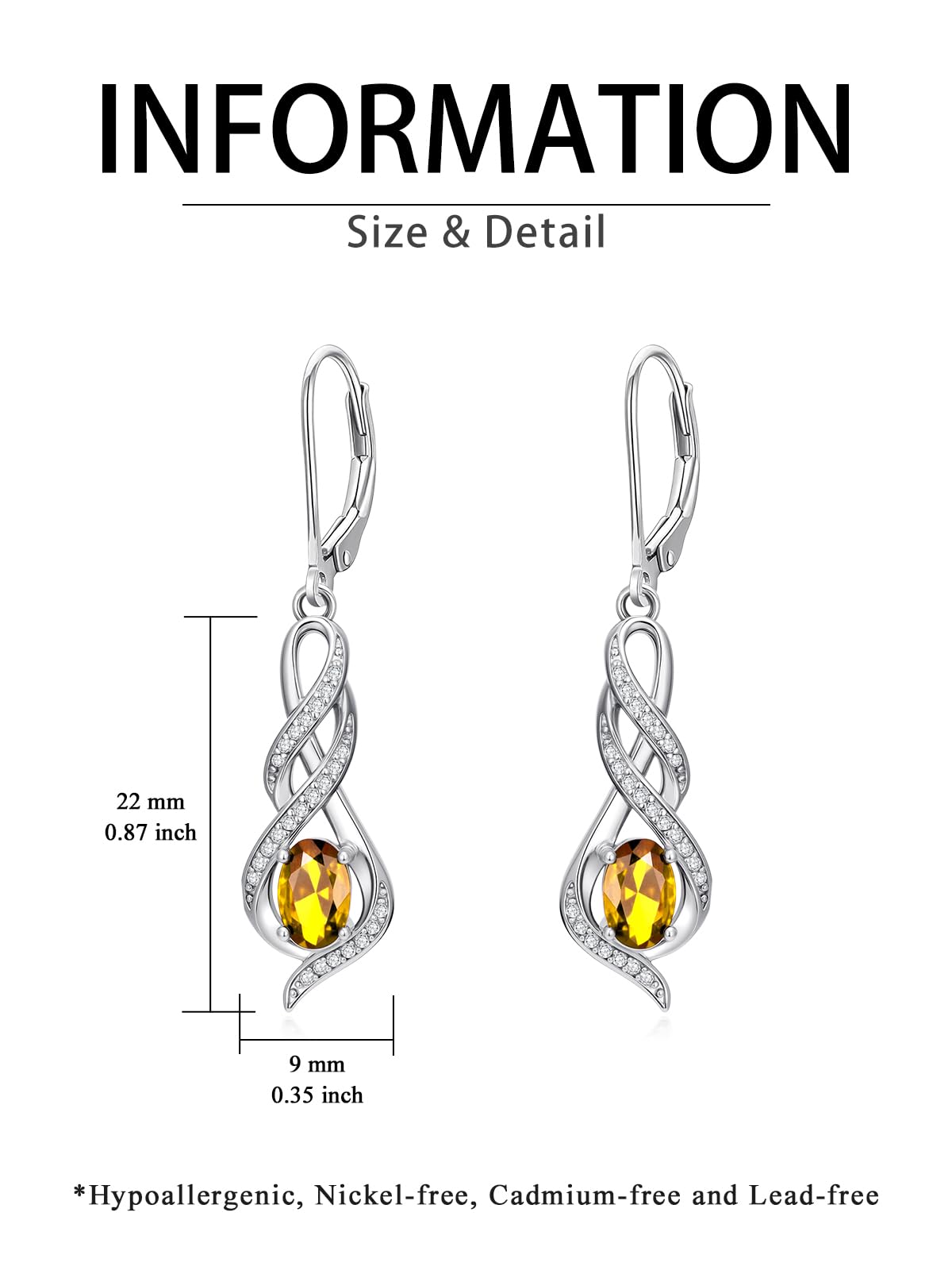 POIUY Citrine November Birthstone Infinity Leverback Dangle Earrings Hypoallergenic Drop Earrings Love Jewelry Anniversary Christmas Wedding Gift for Mom Wife Sister Daughter Girlfriend