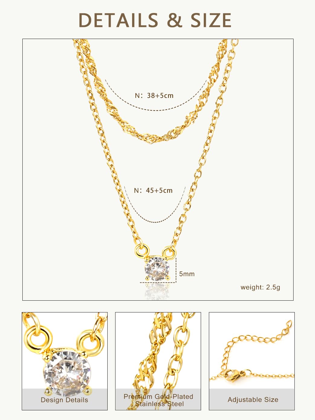 LUXU kisskids 2-Piece Layered Necklace for Women, Dainty Choker & CZ Pendant Necklace, 14K Gold Plated Stainless Steel, Adjustable Trendy Jewelry Gift Set