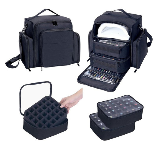 UOZL Nail Polish Organizer Case Holds 60 Bottles Portable Travel Storage Box with 2 Detachable Bags, Designed for Women's Nail Tools, Essential Oils and Cosmetics Sets Black