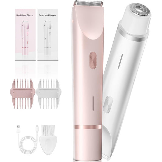 2-in-1 Bikini Trimmer for Women – Dual Head Electric Shaver for Pubic, Facial & Body Hair, IP67 Waterproof Razor with Stainless Steel Blades & Rechargeable Battery (Petal Pink + Pearl White)