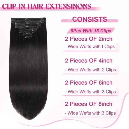 POGINJA Clip in Hair Extensions Real Human Hair, Remy Human Hair Clip in Extensions for Black Women, Invisible Natural Straight Seamless Clip ins Hair Extensions 8pcs Double Weft #1B 24inch 120g
