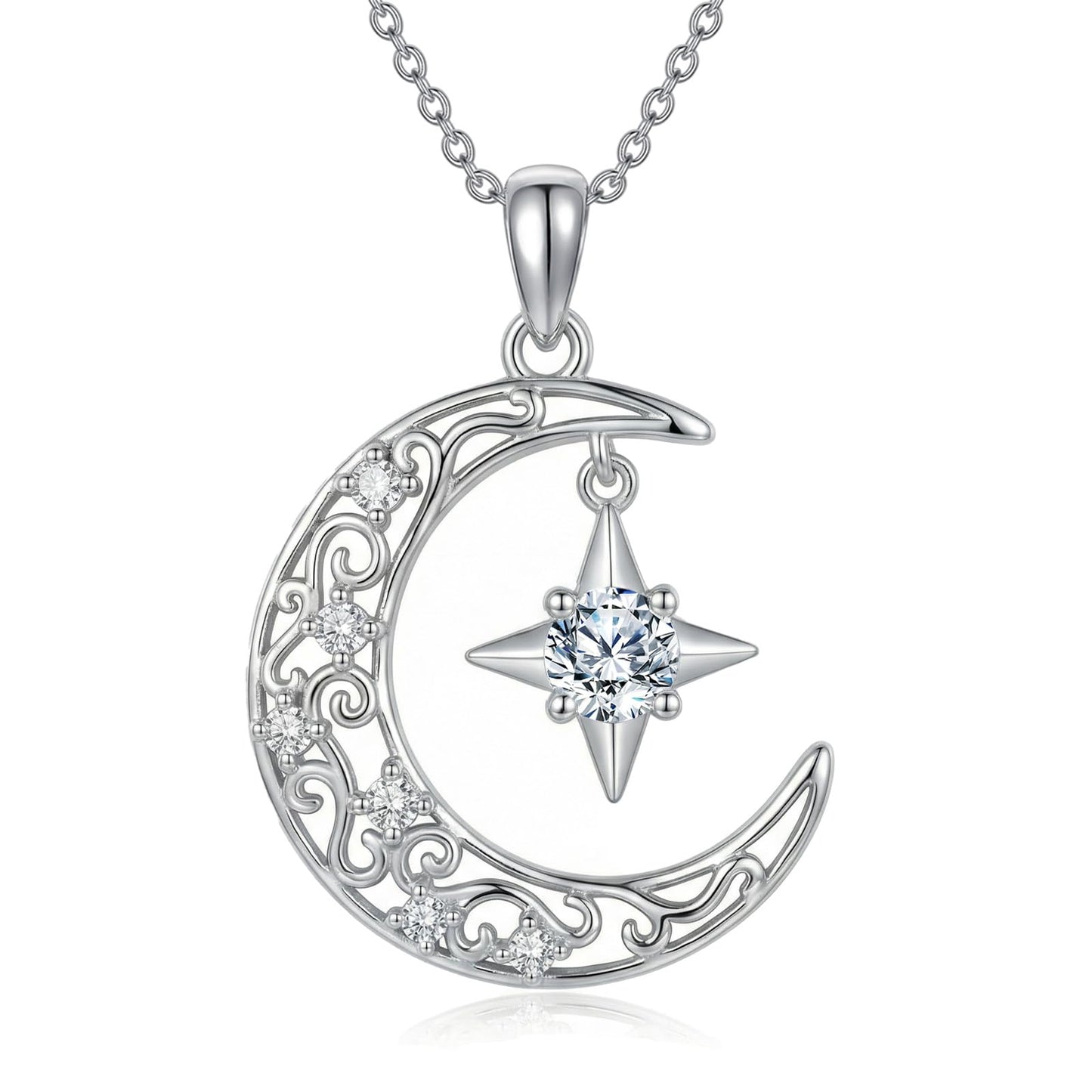 SOACAE Moissanite Moon and Star Necklace 925 Sterling Silver 0.3ct Lab Created Moissanite Moon Phase Pendant North Star Jewelry Gift for Women