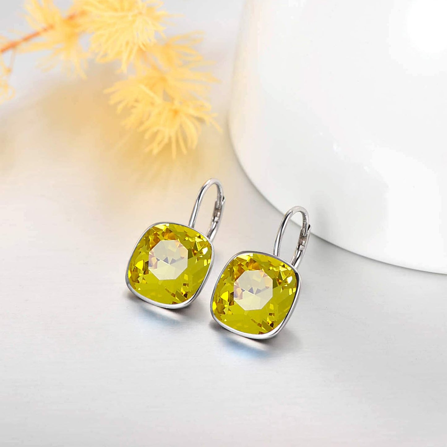AOBOCO Sterling Silver Leverback Earrings Embellished with Crystals from Austria, Hypoallergenic Cushion Cut Square Crystal Earrings, Fine Anniversary Birthday Jewelry Gifts for Women (Yellow)