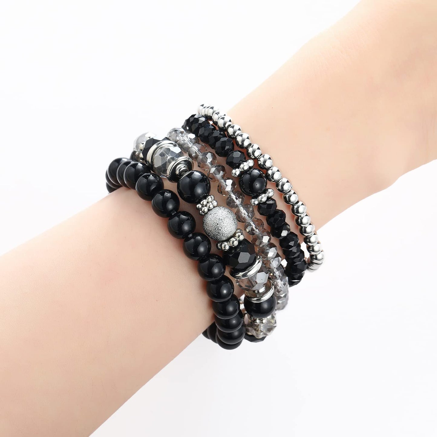 Noessla Beaded Pearl Stretch Bracelet Silver Stackable Crystal Beads Bracelets Trendy Costume Jewelry Mothers Day Gifts for Women(Black)