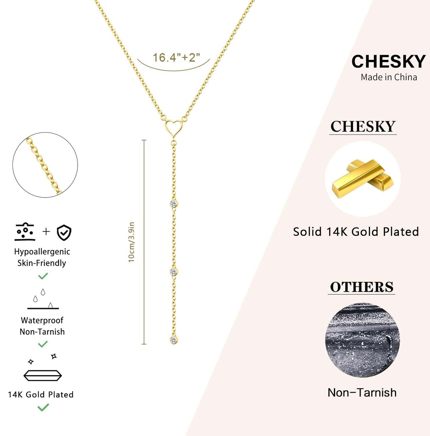 CHESKY Lariat Gold Necklace for Women, Dainty Long Necklace 14k Gold Plated Y-Shaped Pendant Necklace Trendy Love Necklaces Simple Gold Jewelry for Women Gifts