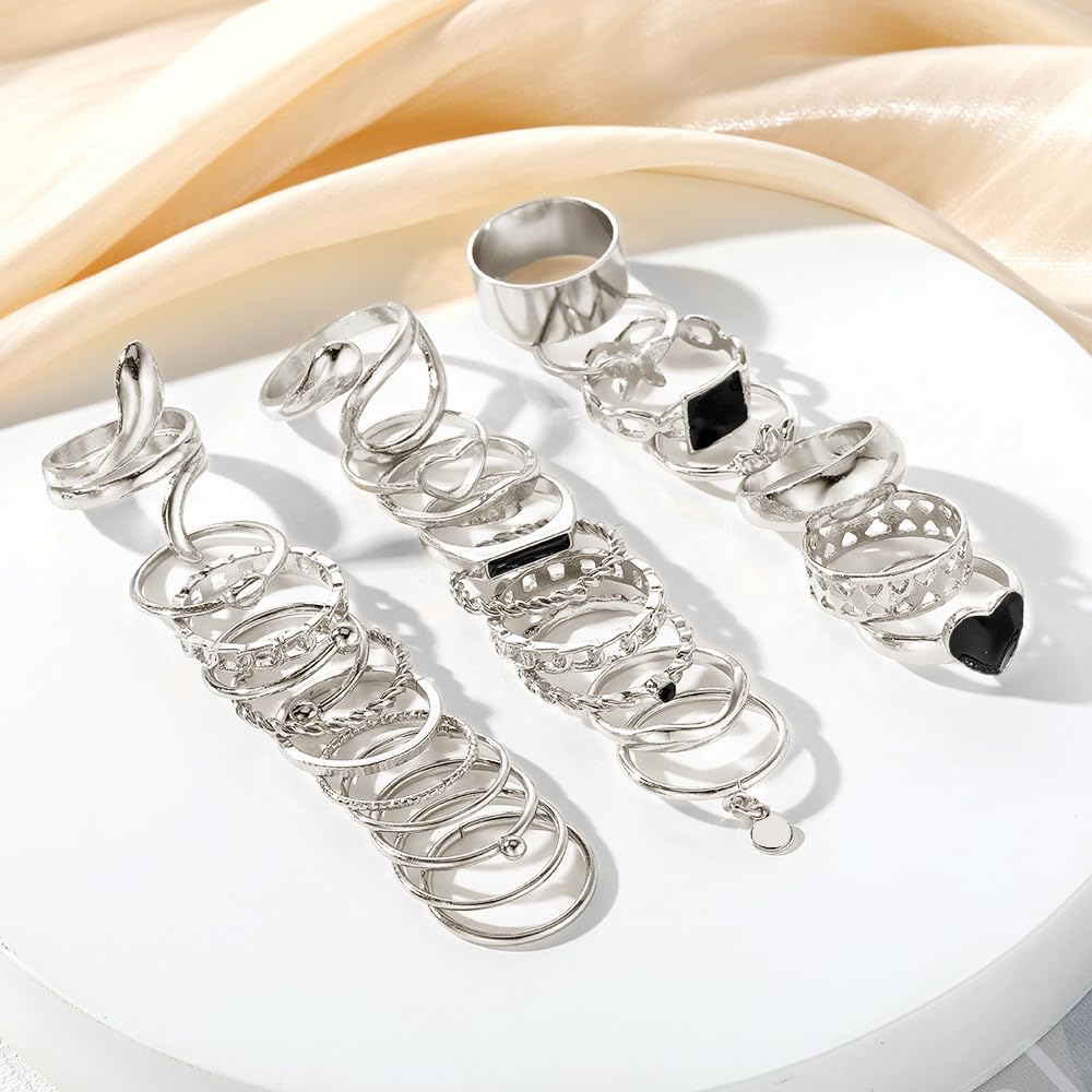 IFKM 27 Pcs Silver Knuckle Rings Set For Women Vintage Stackable Joint Finger Midi Rings Dainty Cubic Zirconia Crystal Simple Twist Hollow Cute Rings Pack Jewelry Gift (Hidden Love, Silver)