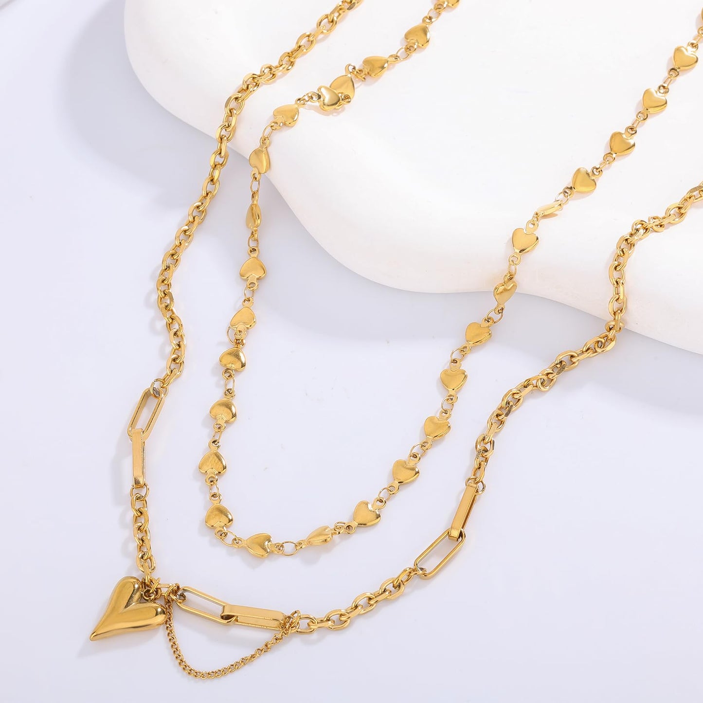 VceTd 18K Gold Women's Heart Pendant Necklace,chunky gold necklace Stackable Two Piece Set, Multi-Layered Chunky Heart Necklace,layered gold necklace, Women's Fashion Jewelry Gift
