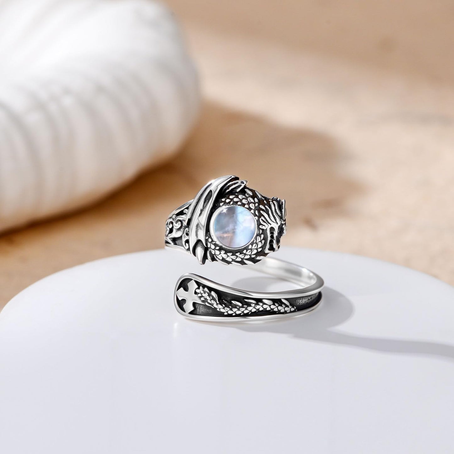 Midari Moonstone Dragon Spoon Rings for Women 925 Sterling Silver Adjustable Dragon Moonstone Rings Abalone Open Spoon Thumb Rings Dragon Jewelry for Women Men Birthday Christmas Gifts