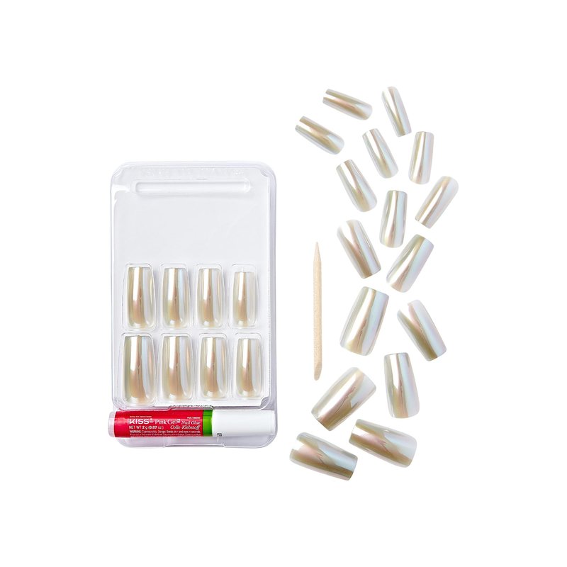 GoldFinger False Nails Kit, Special Chrome Effect, Long Square Metallic Silver Design Nail, Long-Lasting Hottest Trend Press on Nails, Convenient & Easy to Apply