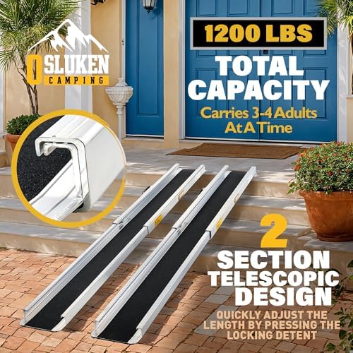 8FT Portable Wheelchair Ramp, 96"L x 7.2"W Aluminum Ramps for Wheelchairs for Home, 1200LBS Capacity Telescopic Non-Skid Threshold Handicap Wheel Chair Ramp for Doorways, Stairs, Steps, 2 Pack