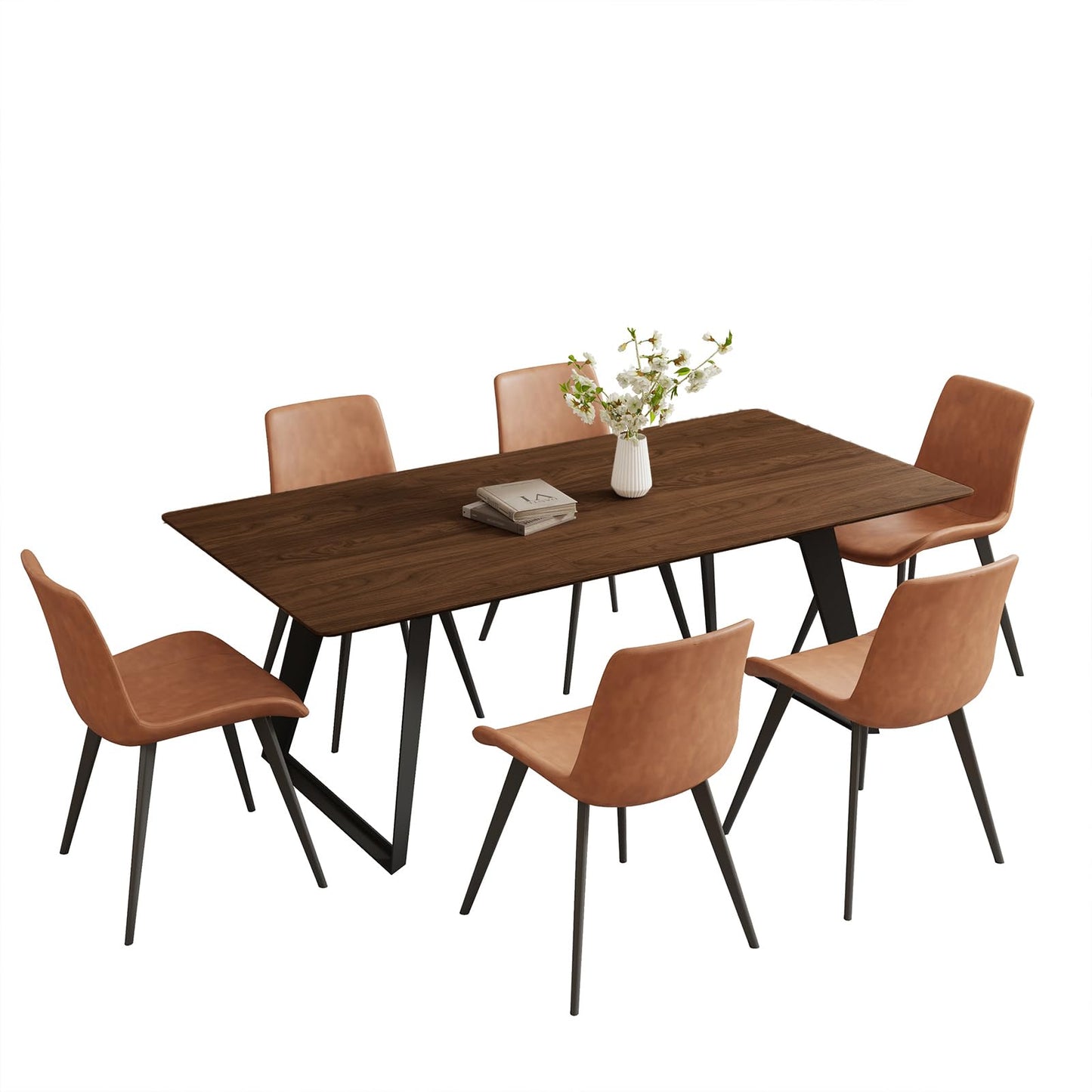 ZckyCine 63"-79" Extendable Dining Table Set for 6, Modern Walnut Color Table with 6 Brown Chairs, Retractable Wood Table and Chair Set for Kitchen and Dining Room