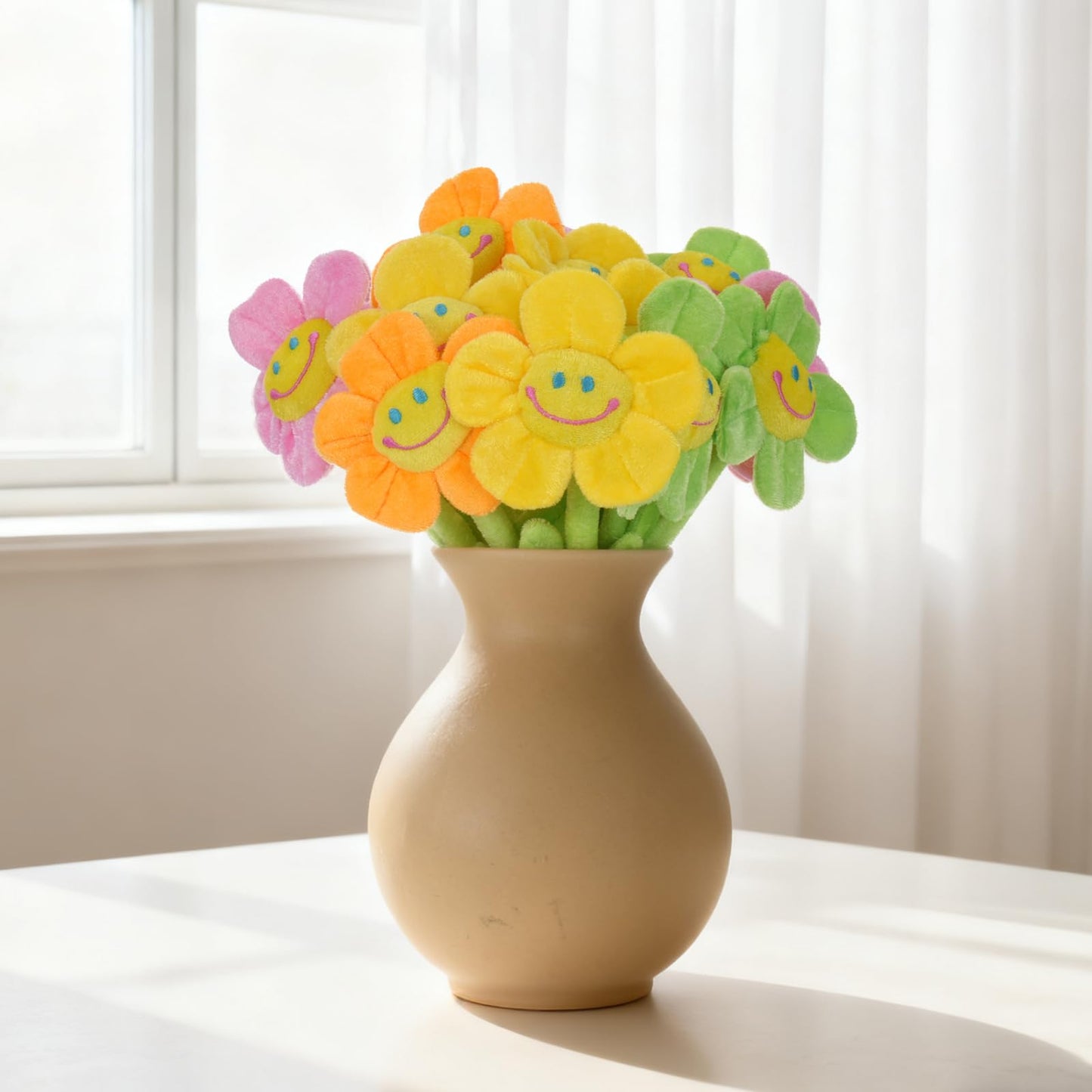 16 Pack Pastel Plush Flowers, Bendable Stems for Easy Curtain Tiebacks & DIY Bouquets, 12 Inch Stuffed Smiley Sunflowers, Soft Kawaii Artificial Room Decor for Teen Girls & Nursery Vibe